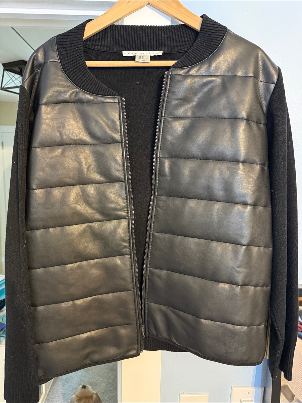 Max Studio Black Quilted Faux-Leather Bomber Jacket